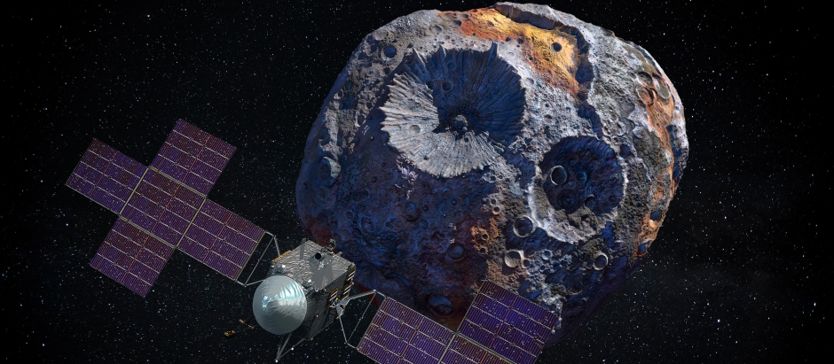 Recreación de la sonda Psiqué de la NASA acercándose al asteroide homónimo