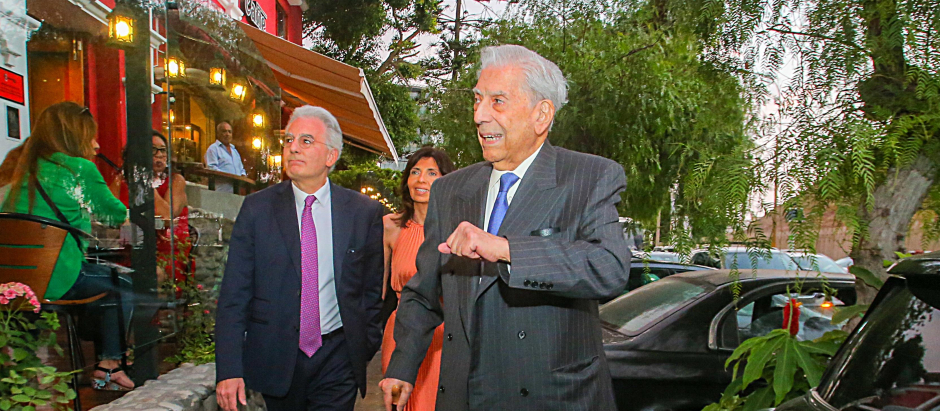 Mario Vargas Llosa and son Alvaro during prewedding party of Josefina Vargas Llosa and Emiliano Camarena in Lima on Thursday, 2 March 2023