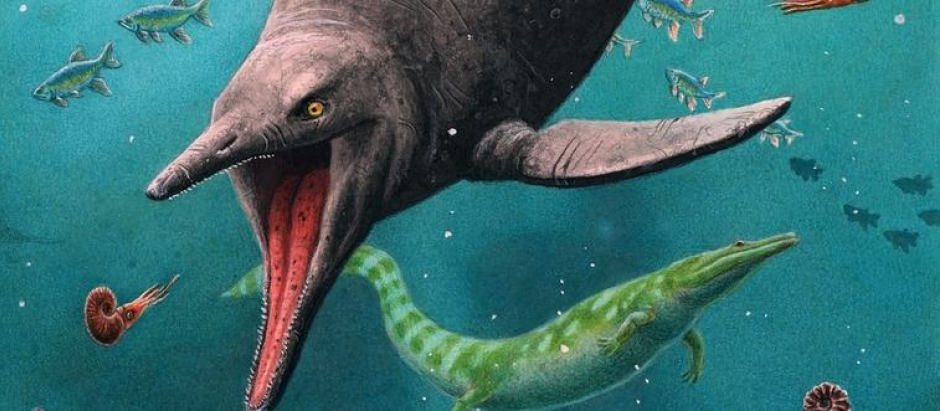 Ilustración del ictiosaurio más antiguo y su ecosistema hace 250 millones de años