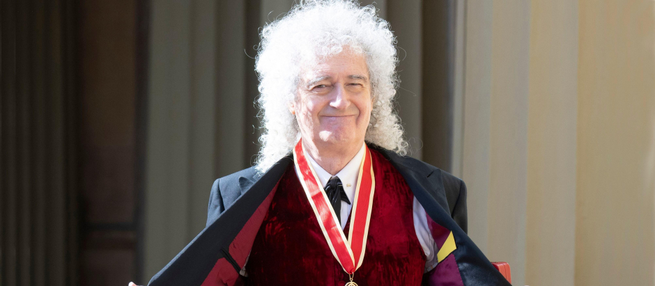 Musician Brian May attending Knighthood at an Investiture ceremony at BuckinghamPalace, London