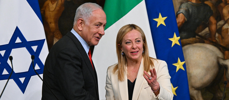 El primer ministro israelí, Benjamin Netanyahu, y la primera ministra de Italia, Giorgia Meloni, el pasado 10 de marzo en Roma