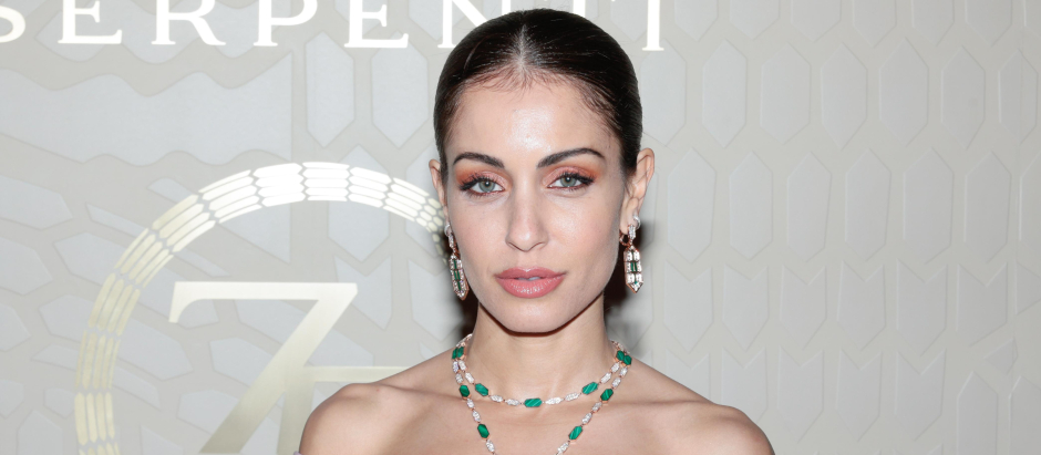 Actress Hiba Abouk at photocall for inauguration of Bulgari Serpenti: 75 years of Infinite exhibition in Madrid, on Thursday , 16 February 2023.