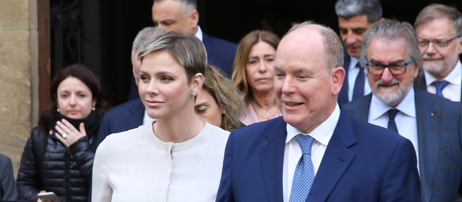 Prince Albert of Monaco with his wife Charlène Wittstock leave PalazzoGondiFoundation New