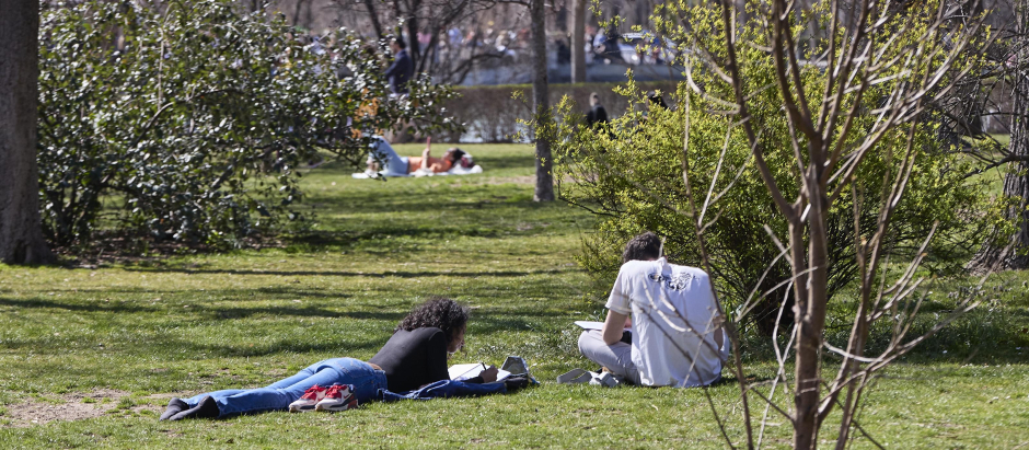 Una pareja lee en el Parque del Retiro en Madrid