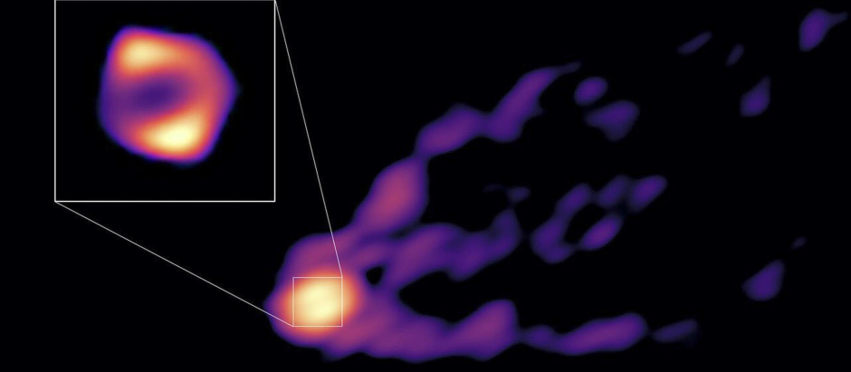 Representación artística que muestra juntos el chorro y la sombra del agujero negro de la galaxia M87