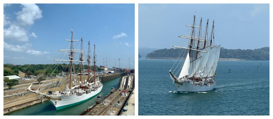 Dos imágenes del buque Juan Sebastián de Elcano al cruzar el canal de Panamá