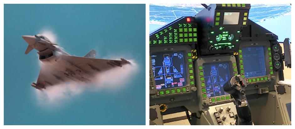 A la izquierda, un Eurofighter rompe la barrera del sonido; a la derecha, un simulador del caza de combate