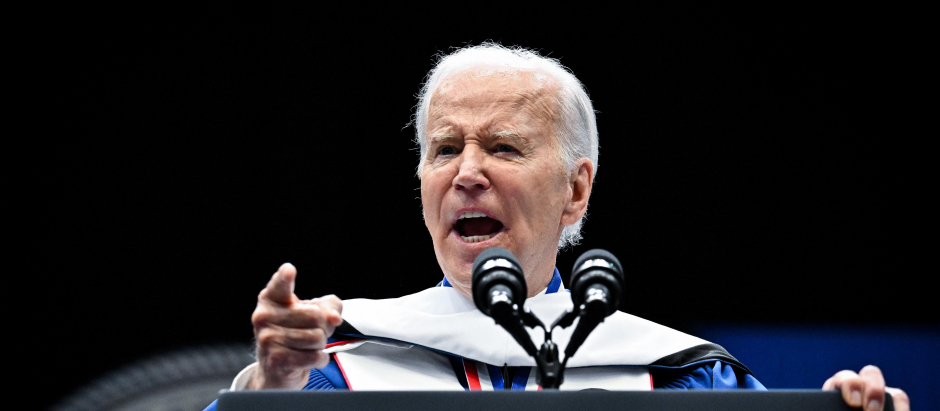 US President Joe Biden delivers the commencement address during the 2023 Howard University Spring graduation ceremony at Capitol One Arena in Washington, DC, on May 13, 2023. (Photo by Mandel NGAN / AFP)