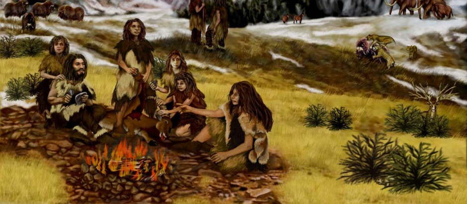 Humanos primitivos usando fuego