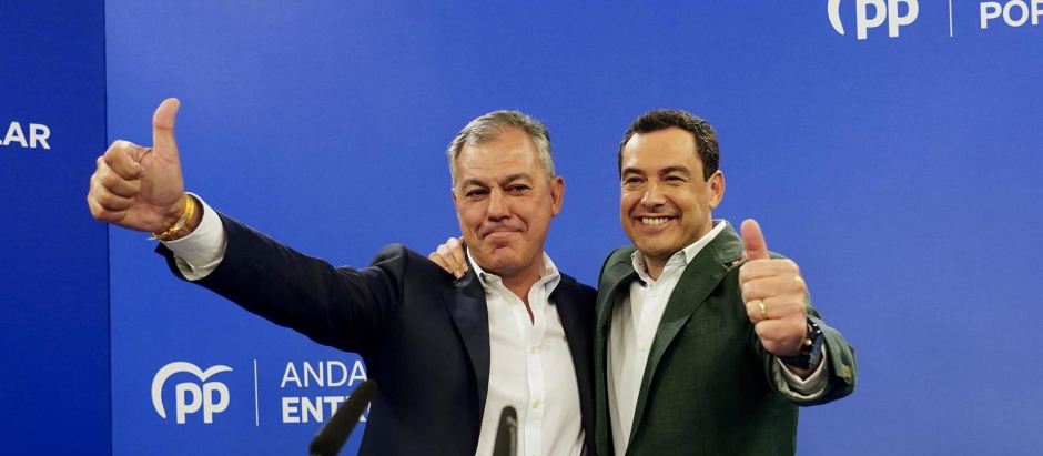 El alcalde electo de Sevilla, José Luis Sanz, y el presidente de la Junta, Juanma Moreno, celebran su victoria