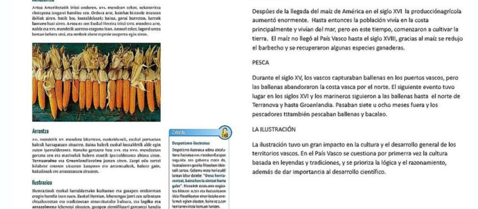 Imagen de un libro de texto del País Vasco y su traducción en español