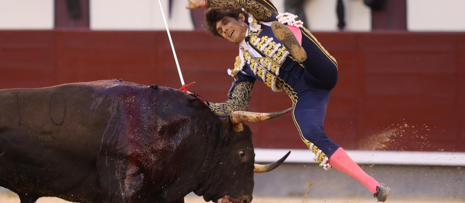 El torero Sebastián Castella con su segundo toro, durante el vigésimo primer festejo taurino de la Feria San Isidro