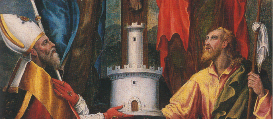 San Juan evangelista y san Medardo bajo el Cristo crucificado y santa María Virgen de Ercole Ramazzani