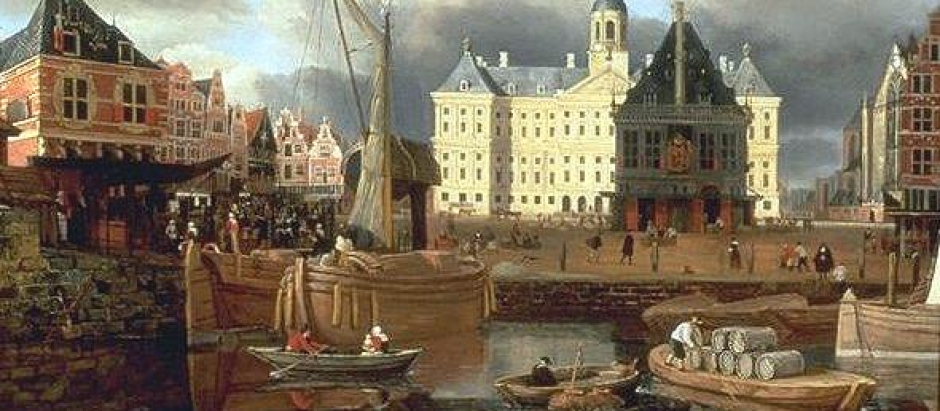 Banco de Ámsterdam ilustrado en la obra "Nederlands: De Dam met Paleis en Waag" de Jan Van Kessel (1641-1680)