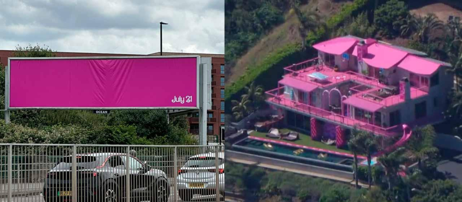 Una valla publicitaria anuncia el estreno de Barbie solo con la fecha y el color rosa. A la derecha, la casa de Barbie levantada en Malibú