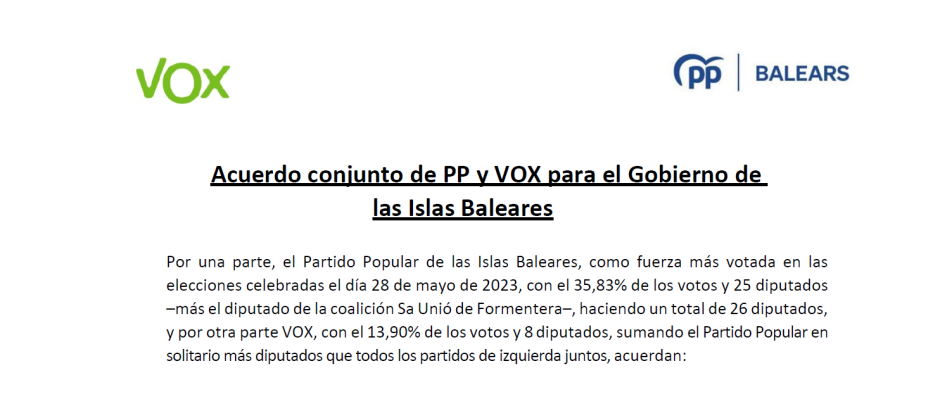 Cabecera del documento firmado por PP y Vox en Baleares