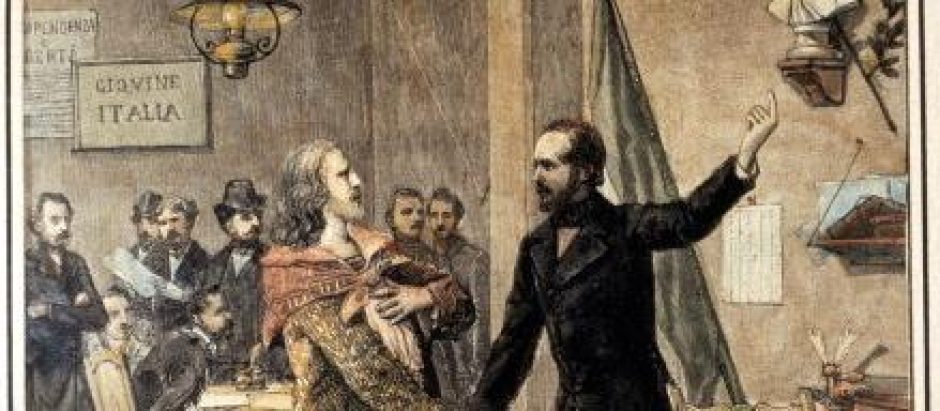 Encuentro de Mazzini con Giuseppe Garibaldi en la sede de Joven Italia