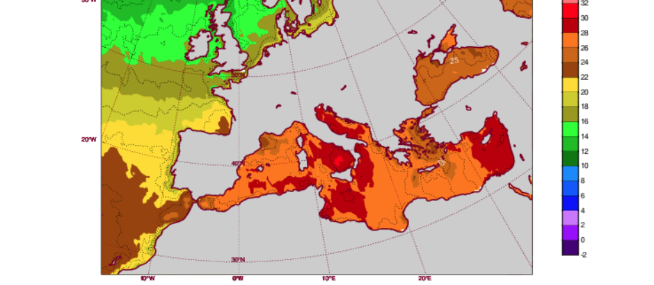 El mapa que muestra la diferencia de temperatura del agua en función de la costa