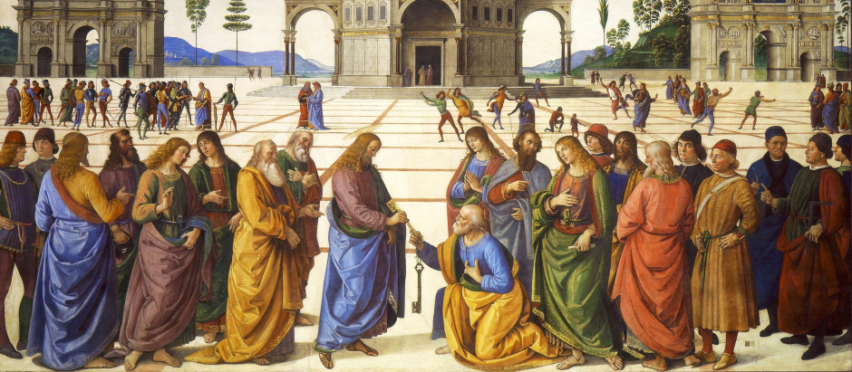 Pietro Perugino: Cristo entrega a Pedro las llaves del reino de los cielos (Fresco de la Capilla Sixtina, 1480-1482)