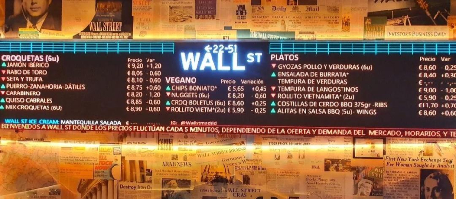 Frontal del local en pleno centro de Madrid donde se ve cómo los precios varían en función de la Bolsa