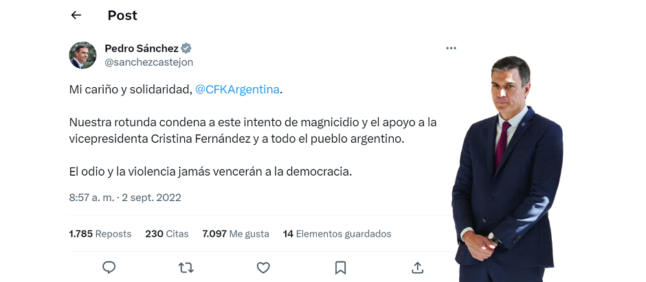 Imagen del tuit que Pedro Sánchez publicó solidarizándose con Cristina Fernández de Kirchner.