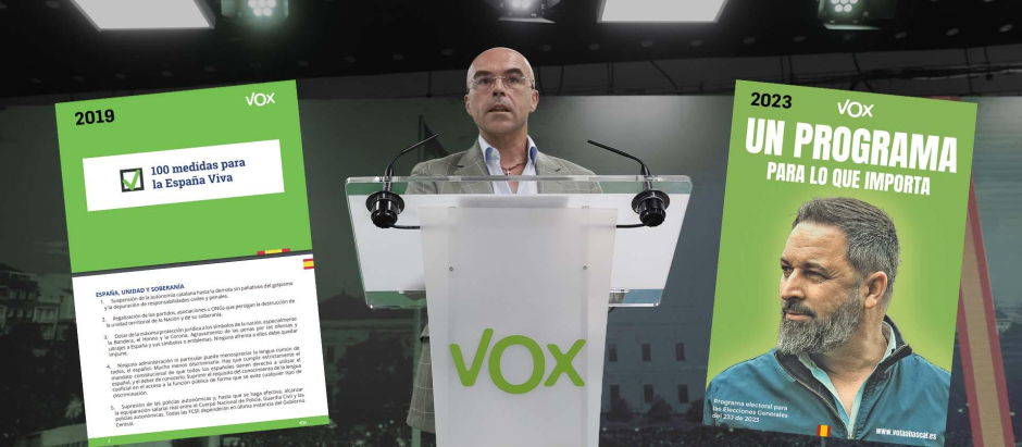 Jorge Buxadé junto a los programas electorales de Vox de 2019 y de 2023