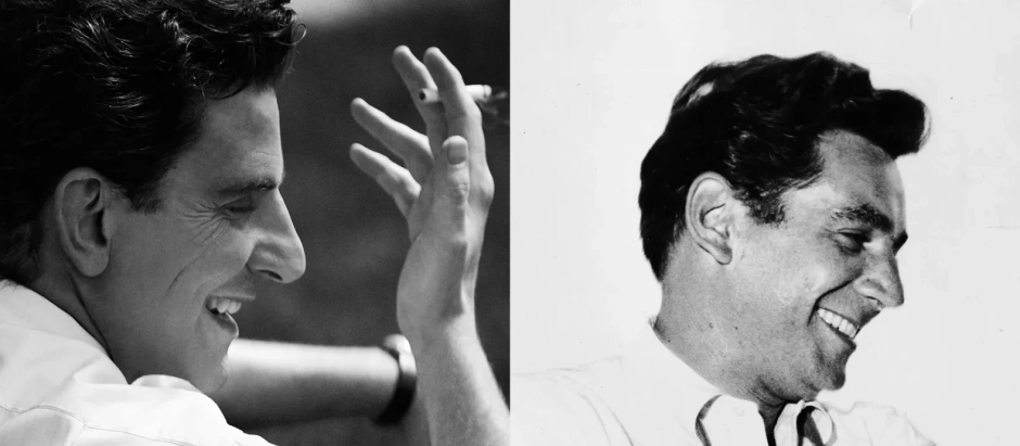 Bradley Cooper caracterizado como Leonard Bernstein en la película 'Maestro', y una imagen del director de orquesta
