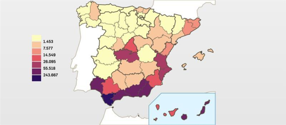 Mapa de las incautaciones totales de droga en España