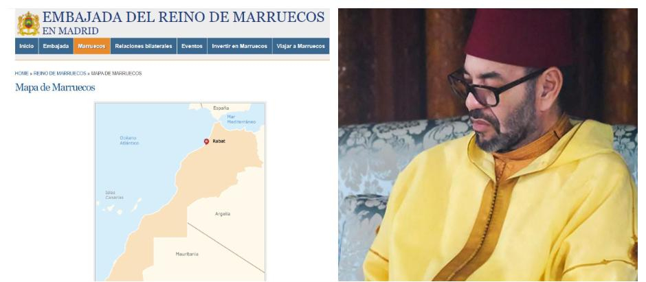 A la izq. el mapa oficial de la Embajada marroquí que se anexiona Ceuta y Melilla; a la derecha, imagen de Mohamed VI