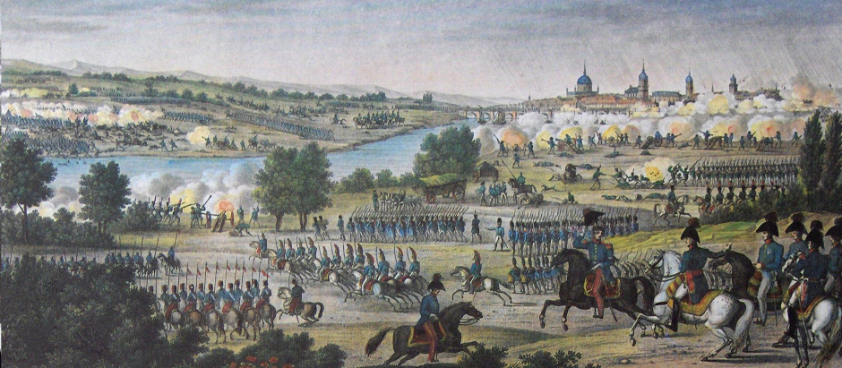 "Batalla de Dresde" litografía coloreada de Antoine Charles Horace Vernet (llamado Carle Vernet)(1758 - 1836) y Jacques François Swebach (1769-1823)