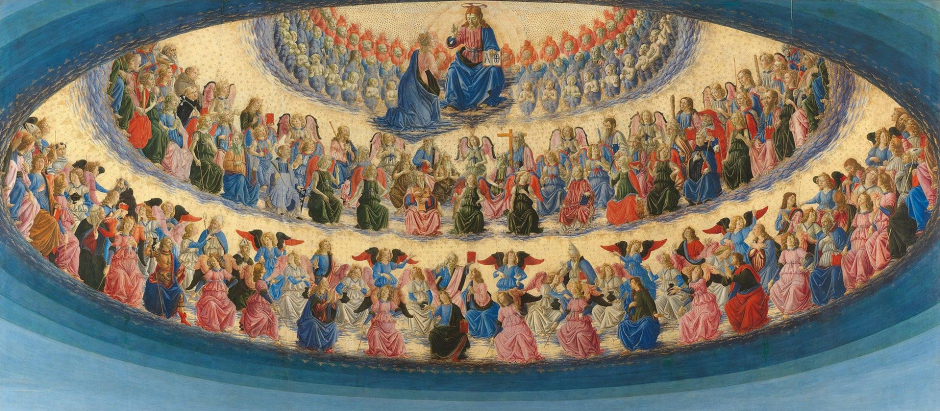 La Asunción de María, de Francesco Botticini. En la cúpula de la parte superior de la imagen se pueden apreciar las tres jerarquías propuestas por Pseudo Dionisio Areopagita.
