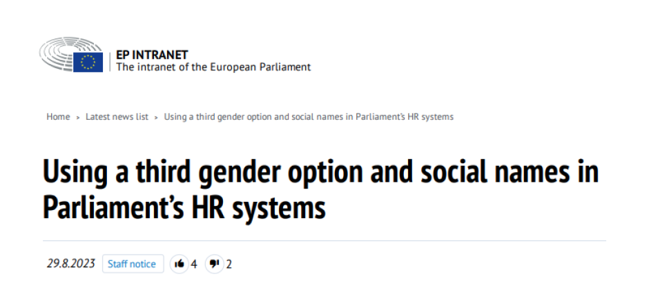 Comunicado oficial interno del Parlamento Europeo en el que se informa de la posibilidad de usar un tercer género