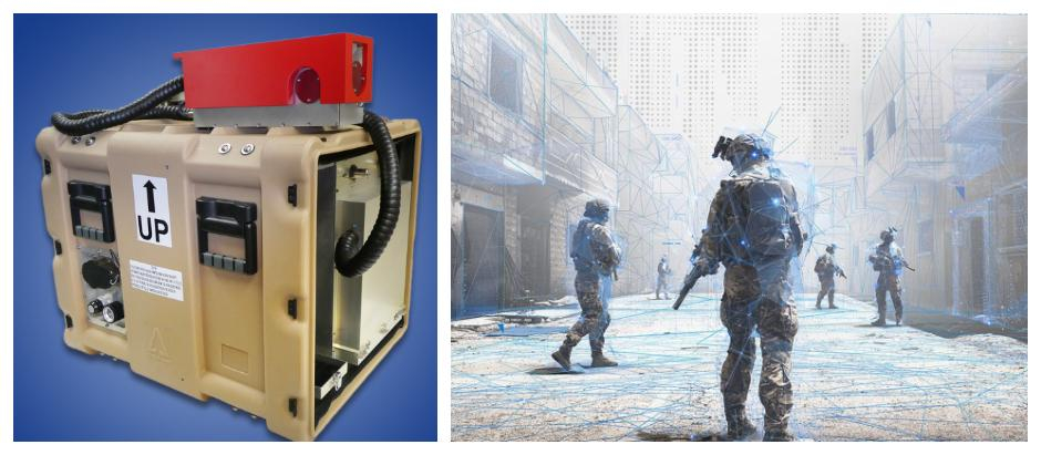 A la izquierda, el sistema fantasma en configuración de transporte; a la derecha soldados cyborg: armas láser, tecnología Matrix y mapas 3D