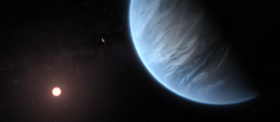 Representación del exoplaneta K2-18 b junto a su estrella
