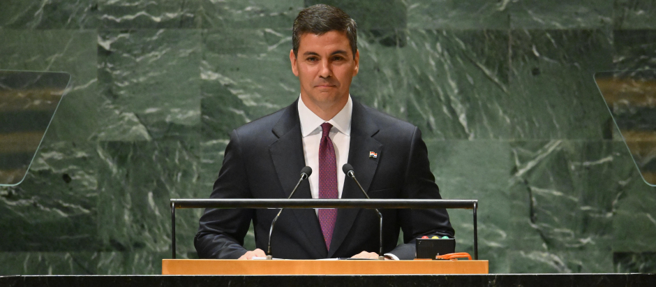 Paraguayan President Santiago Pena addresses the 78th United Nations General Assembly at UN headquarters in New York City on September 19, 2023. (Photo by ANGELA WEISS / AFP)