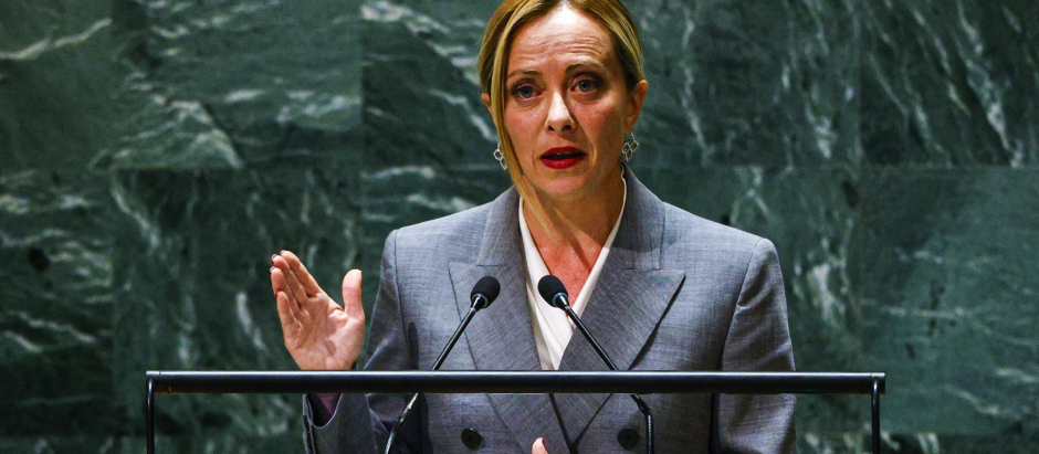 New York (United States), 21/09/2023.- Prime Minister of Italy Giorgia Meloni speaks during the 78th session of the United Nations General Assembly at the United Nations Headquarters in New York, New York, USA, 20 September 2023. (Italia, Nueva York) EFE/EPA/MIGUEL RODRIGUEZ
