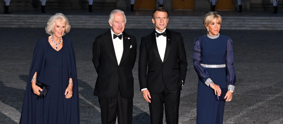 Britain's King Charles and Queen Camilla with President of France Emmanuel Macron and Brigitte Macron during a state dinner in Versailles, near Paris, on the first day of their State visit to France, September 20, 2023.