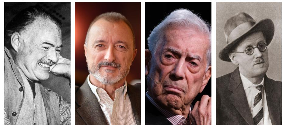 Los escritores Ernest Hemingway, Arturo Pérez-Reverte, Mario Vargas Llosa y James Joyce
