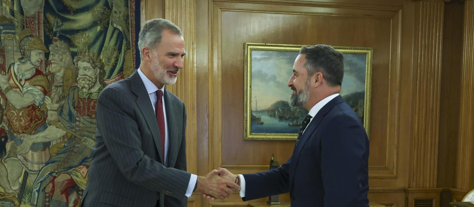 El Rey Felipe VI (i) recibe en audiencia al presidente de Vox, Santiago Abascal