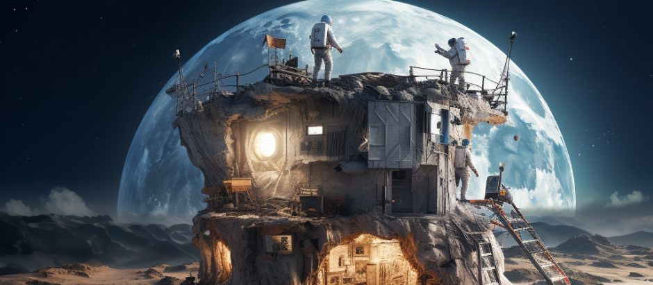 Interpetación hecha por IA de unos astronautas construyendo una casa en la Luna