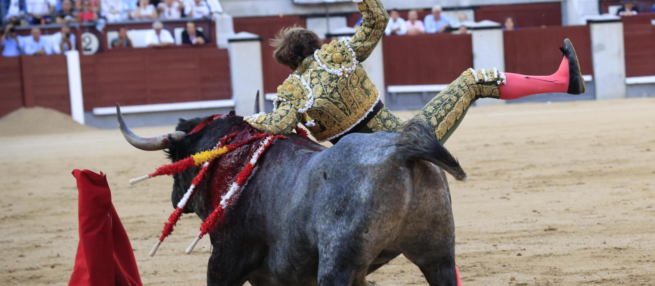 Momento en el que el diestro Román Collado es cogido por el toro en Las Ventas