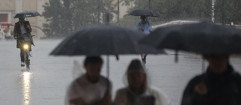 Varias personas con paraguas bajo la lluvia en Valencia