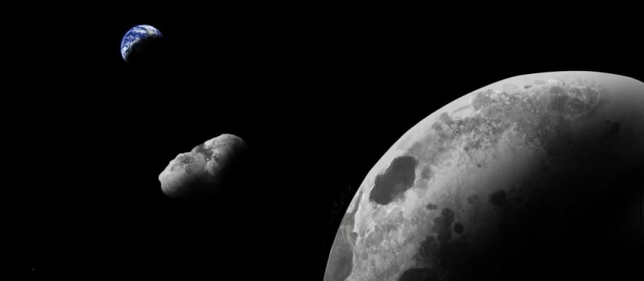 Ilustración del asteroide Kamo'oalewa orbitando entre la Luna y la Tierra