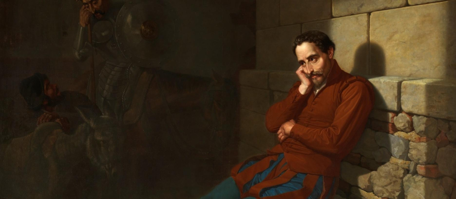 Miguel de Cervantes imaginando El Quijote, Mariano de la Roca y Delgado (1858)