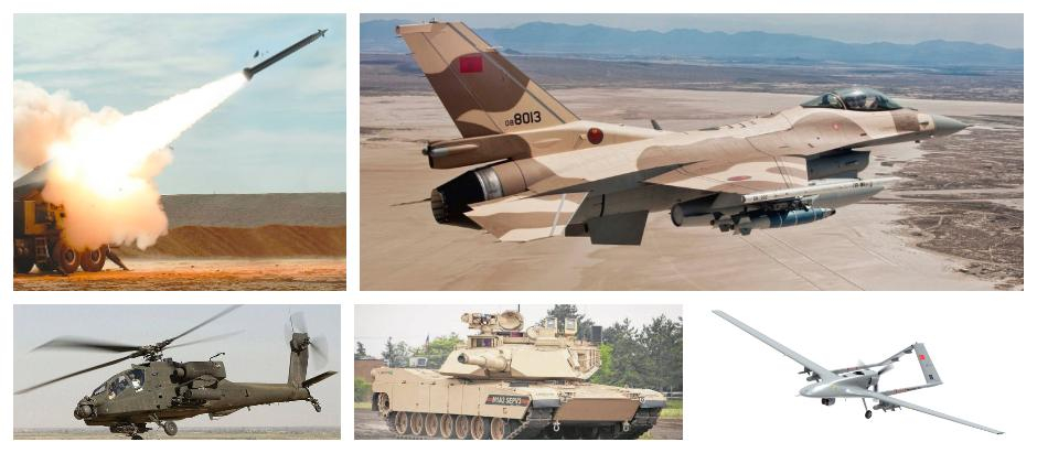 Una muestra del armamento de Marruecos: lanzadores Pulse, F-16, carros Abrams, drones Bayraktar TB2
