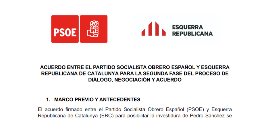 Encabezamiento del pacto entre PSOE y ERC