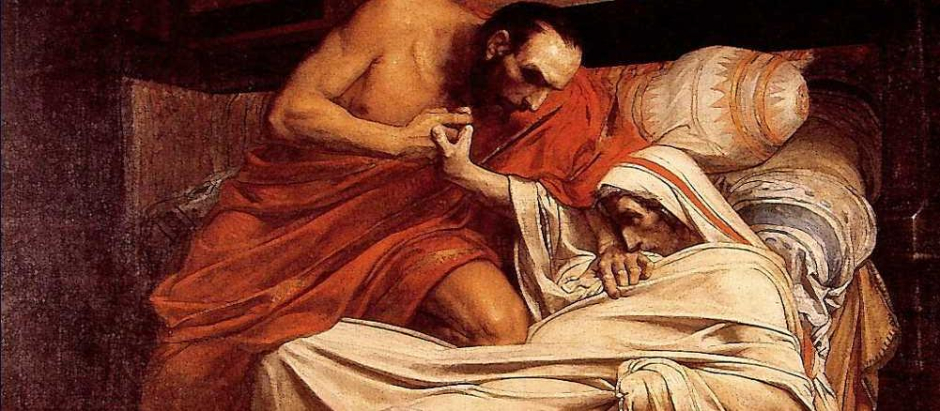 La muerte de Tiberio por Jean-Paul Laurens, describe el asesinato del Emperador por órdenes de Macrón