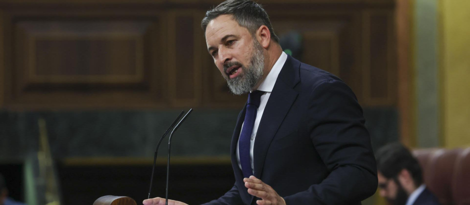 El líder de Vox, Santiago Abascal, interviene durante el primer día del debate de investidura de Pedro Sánchez