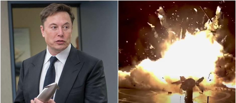 Elon Musk, presidente de Space X, y un prototipo de cohete Falcon explotando