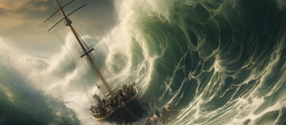 Una ola gigante arrolla a un barco en una ilustración hecha por IA